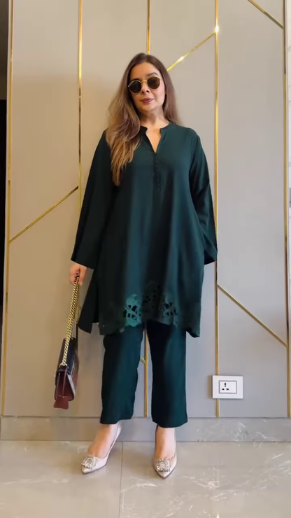 Olive Green Silk Tunic with Geometric Cutwork Hem