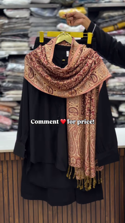 Classic Black Longline Tunic with Rich Kashmiri-Inspired Paisley Shawl