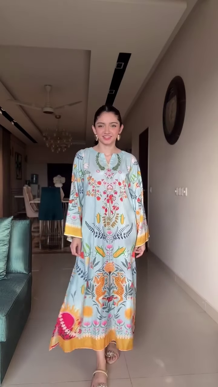 Ivory Kaftan-Style Maxi Dress with Bold Black Floral Print