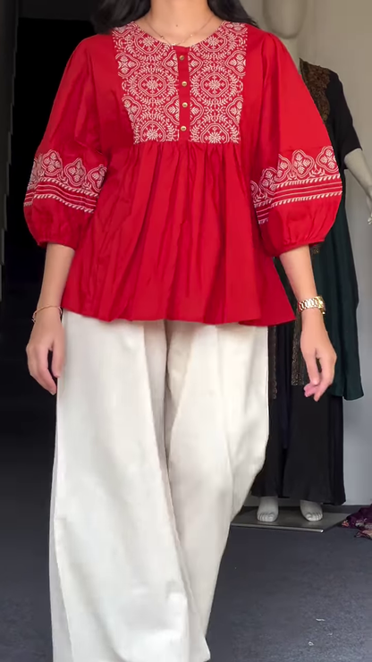 Deep Plum Peplum Tunic with White Geometric Mandala Embroidery