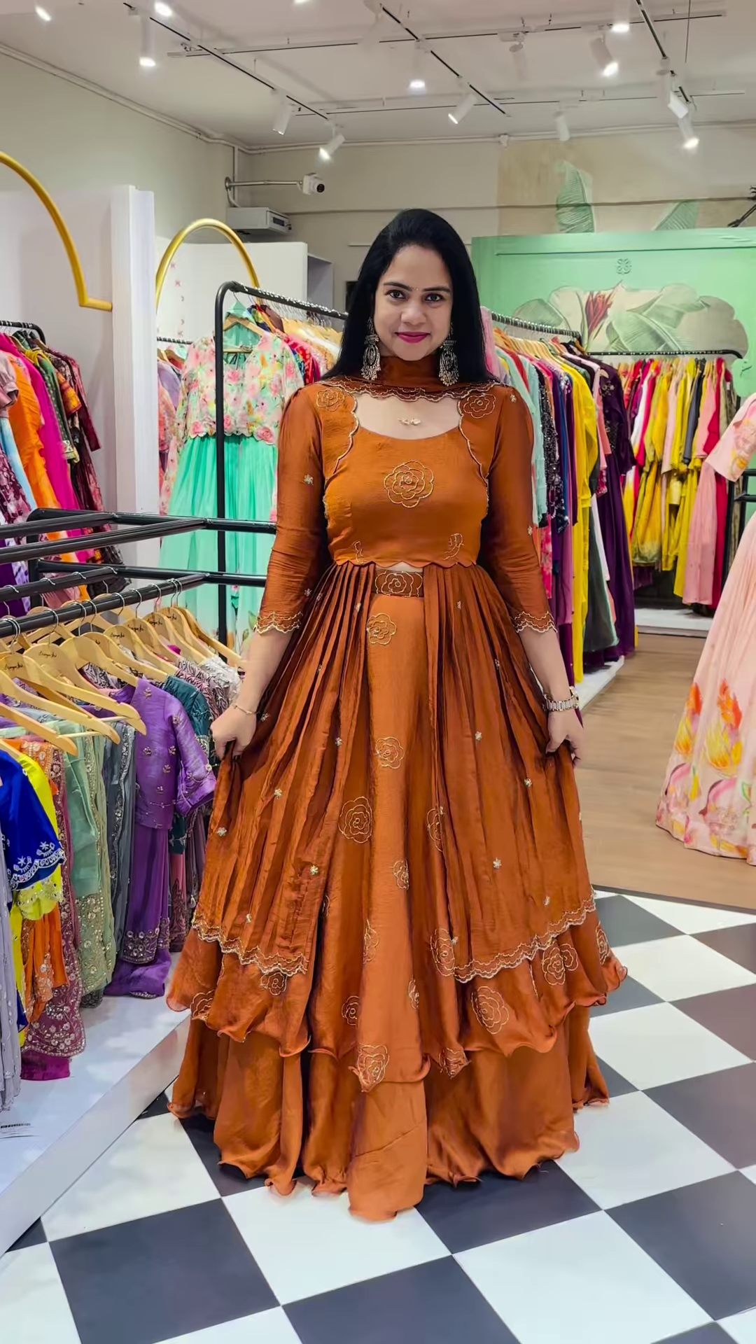 Burnt Orange Silk Lehenga with Gold Rose Embroidery