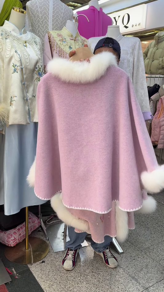Soft Pink Woolen Cape with Faux-Fur Trim and Butterfly Embroidery
