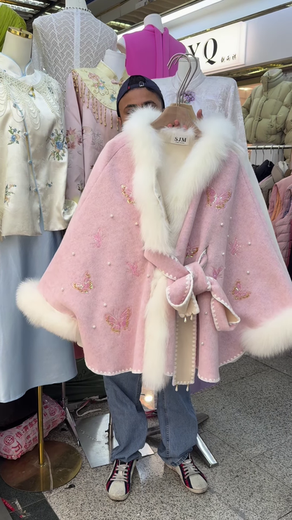 Soft Pink Woolen Cape with Faux-Fur Trim and Butterfly Embroidery