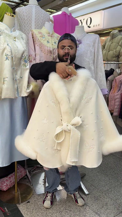 Soft Pink Woolen Cape with Faux-Fur Trim and Butterfly Embroidery