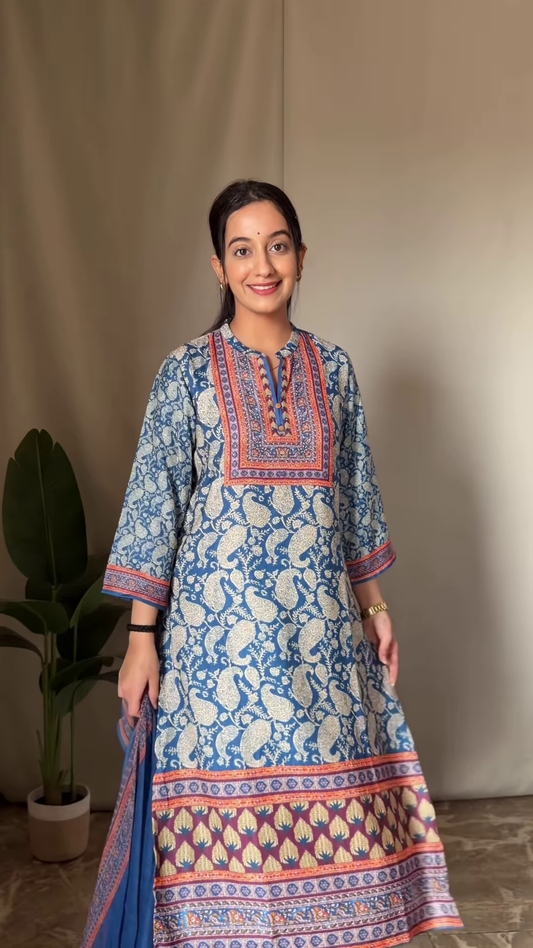 Ivory Silk Kurta with Traditional Multicolored Paisley Weaving