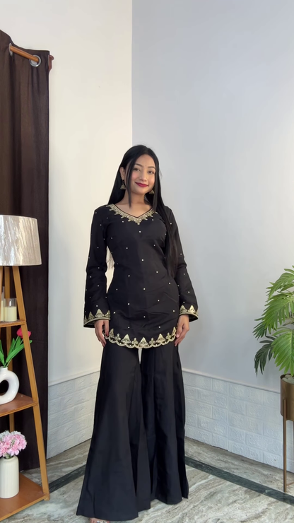 Olive Green Sleeveless Kurta and Wide-Leg Gharara Set
