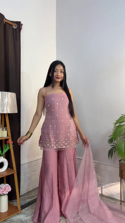 Olive Green Sleeveless Kurta and Wide-Leg Gharara Set
