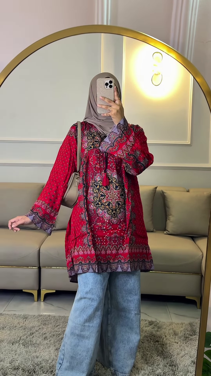 Bohemian Floral Print Tunic with Tassel Neckline and Flare Sleeves