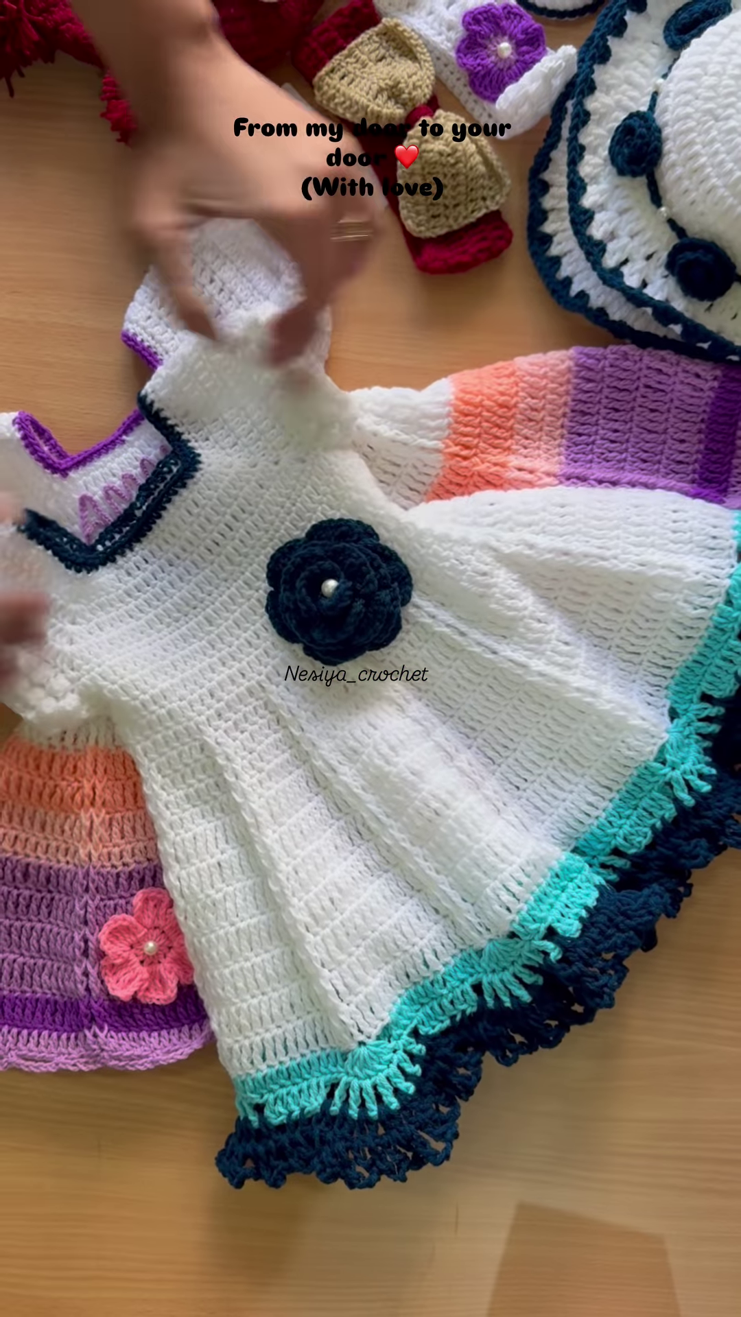 Hand-Crocheted Baby Dress with 3D Floral and Bow Accents