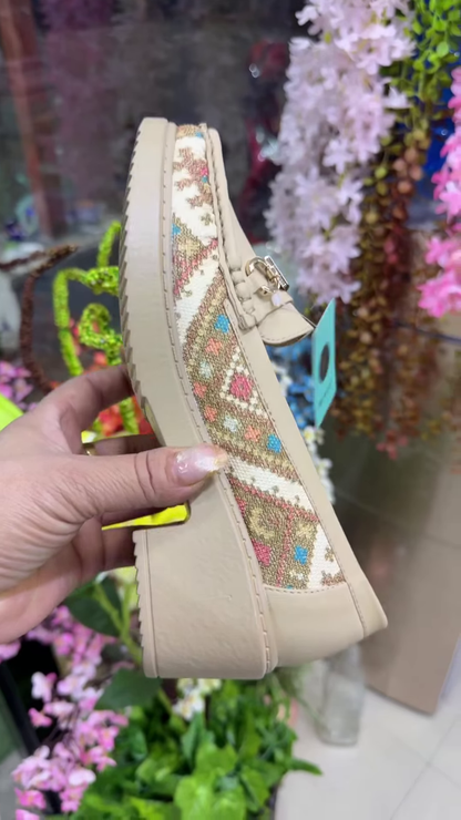 Elegant Beige Loafers with Traditional Patterned Fabric Inserts