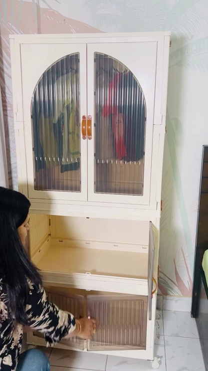Premium Multi-Tier Storage Wardrobe with Arched Fluted Doors and Wheels