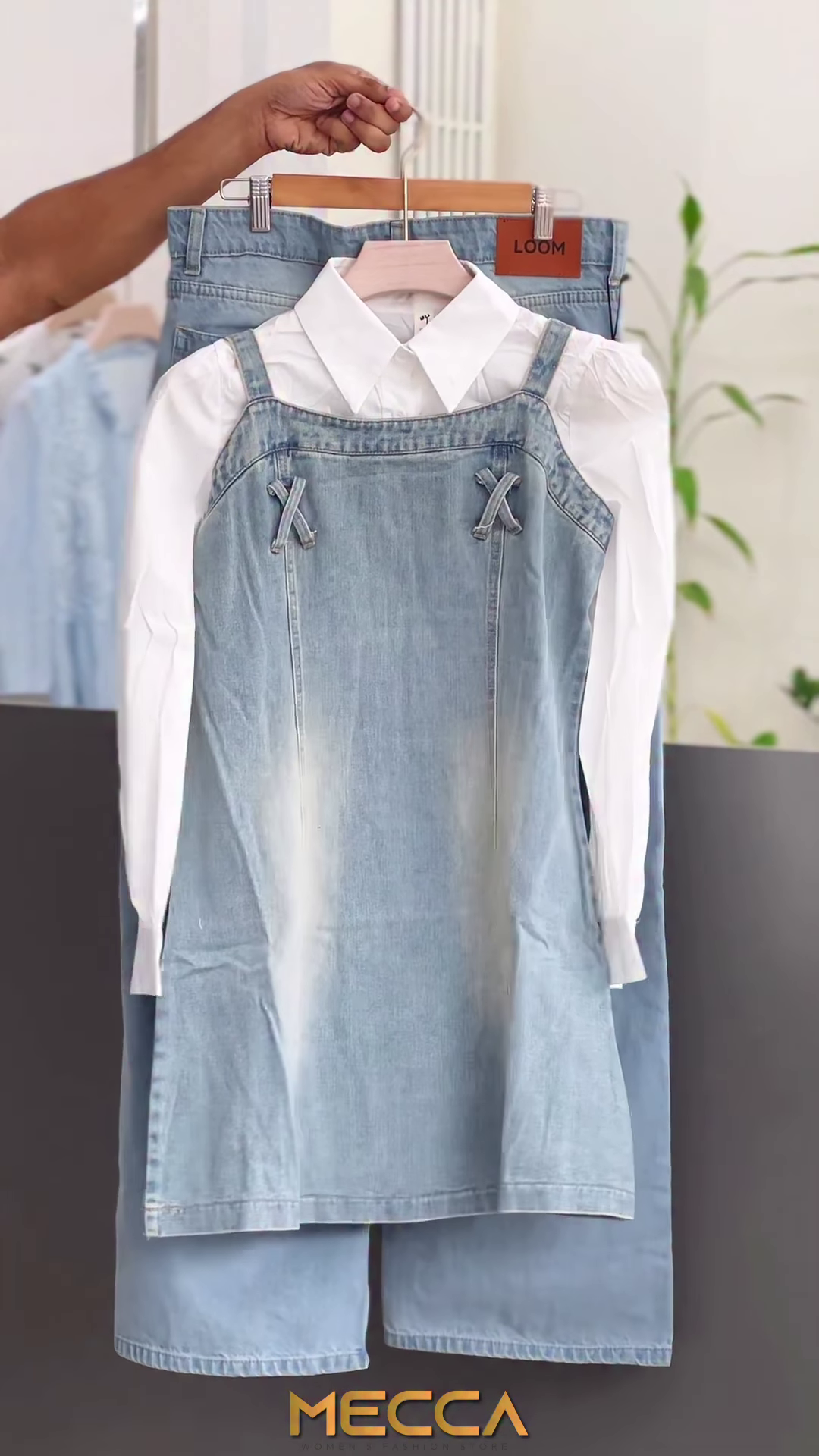Classic Denim Pinafore Dress with Crisp White Shirt Set