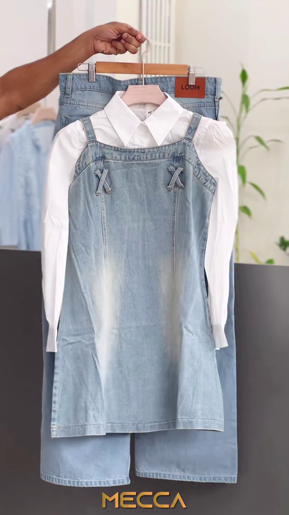 Classic Denim Pinafore Dress with Crisp White Shirt Set