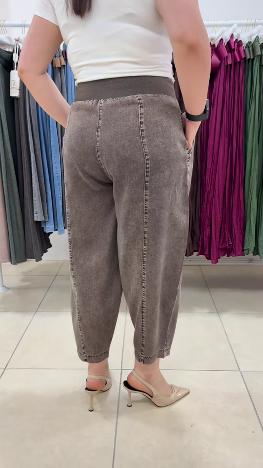 Comfort-Fit Elastic Waist Denim Trousers with Vertical Seam Detailing
