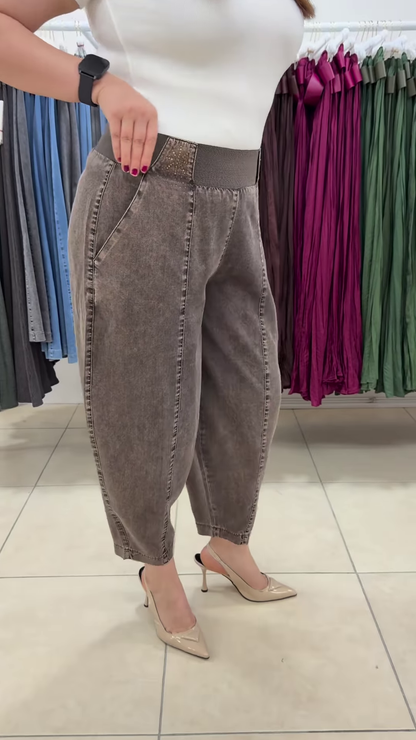 Comfort-Fit Elastic Waist Denim Trousers with Vertical Seam Detailing