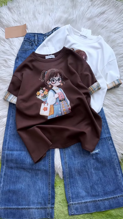 Embroidered Girl-Graphic Crew-Neck T-Shirt Collection