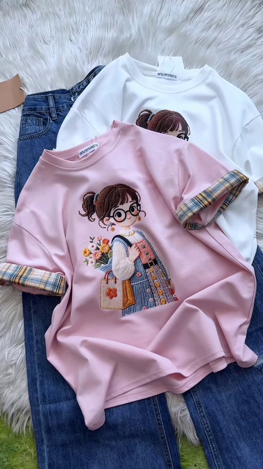 Embroidered Girl-Graphic Crew-Neck T-Shirt with Plaid Cuffed Sleeves