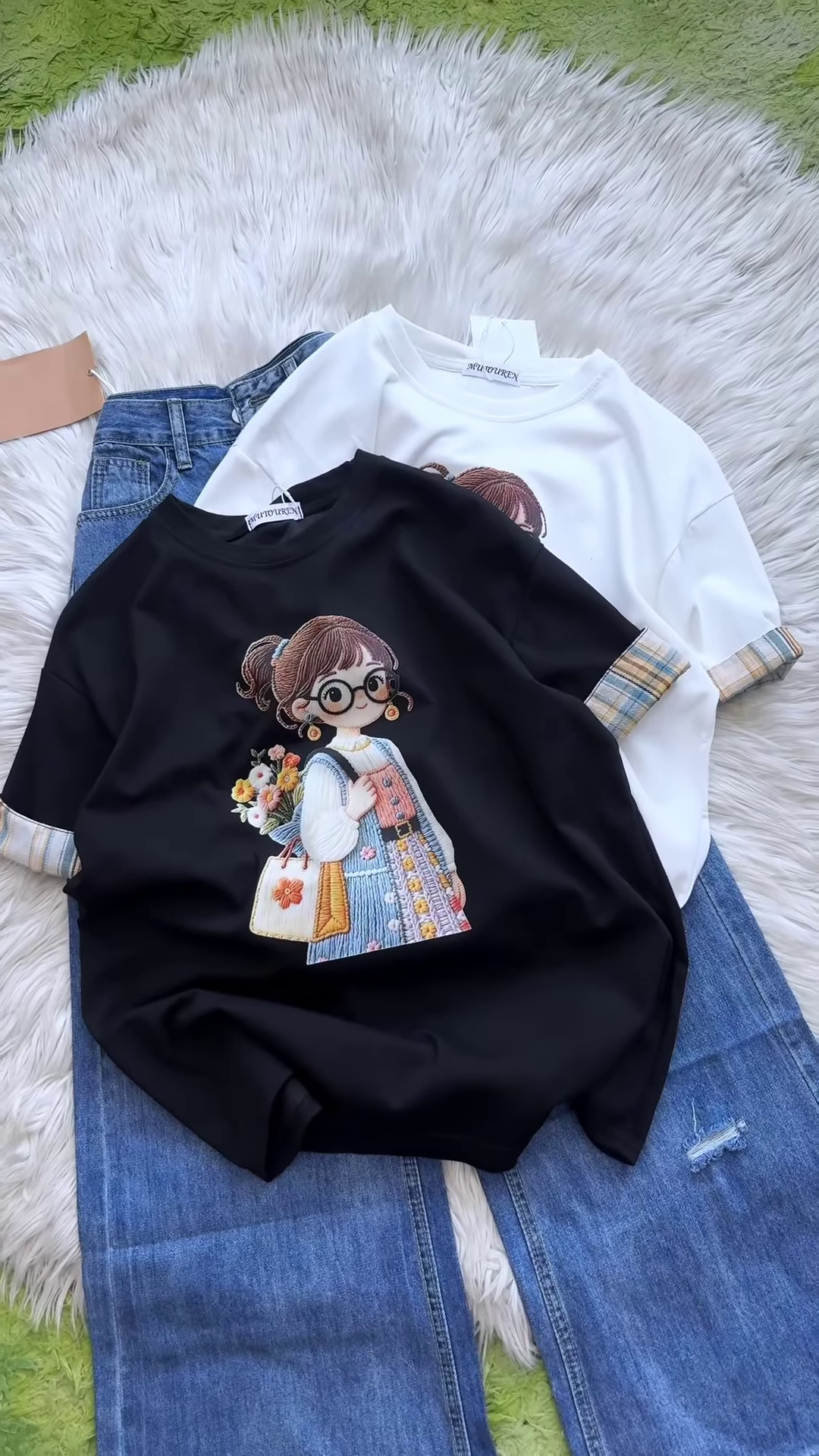 Embroidered Girl-Graphic Crew-Neck T-Shirt with Plaid Cuffed Sleeves