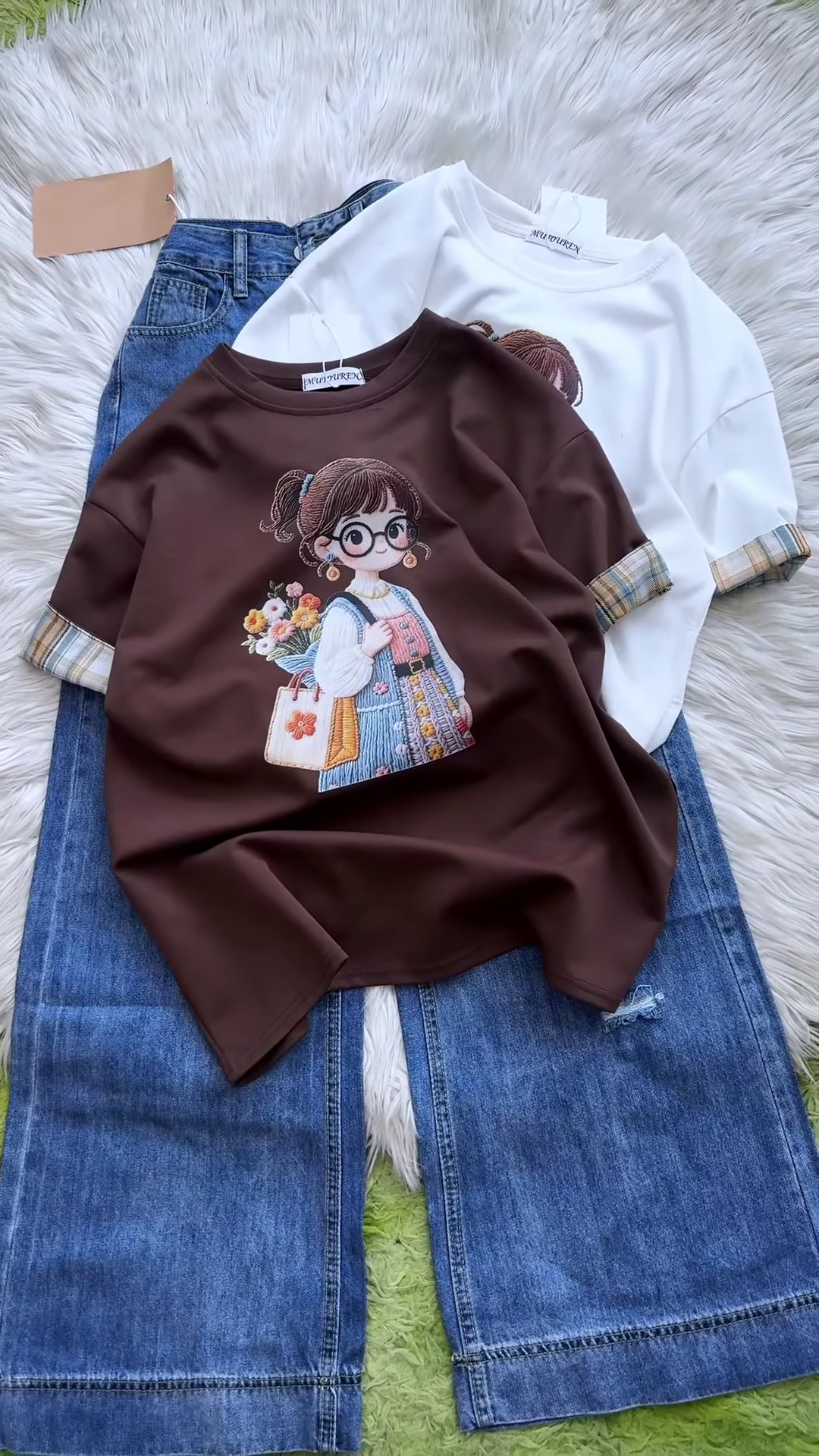 Embroidered Girl-Graphic Crew-Neck T-Shirt with Plaid Cuffed Sleeves