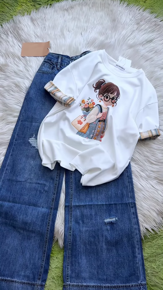 Embroidered Girl-Graphic Crew-Neck T-Shirt with Plaid Cuffed Sleeves