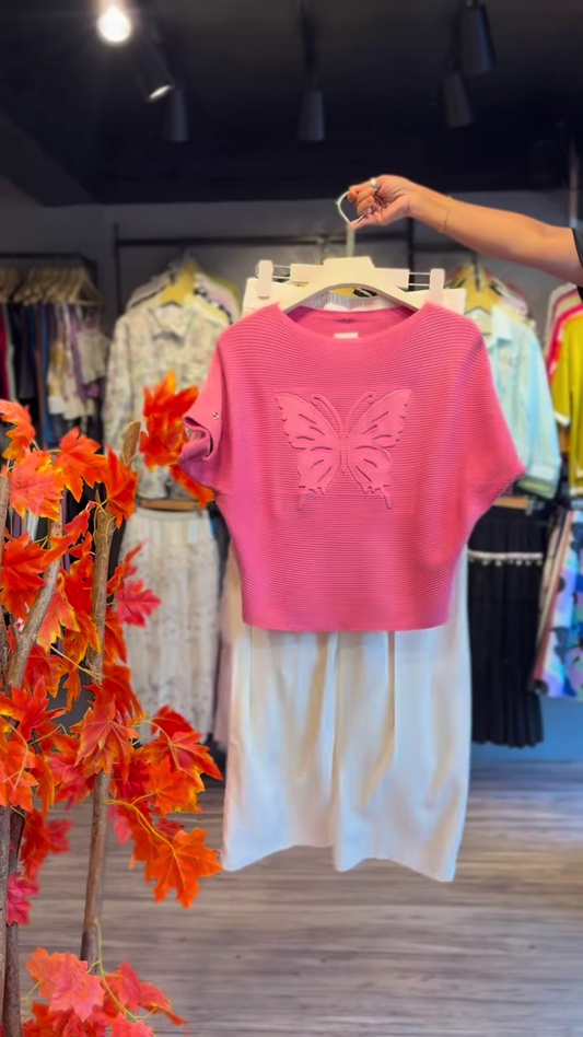 Ribbed Butterfly-Embellished Pink Top and White Skirt Co-ord Set
