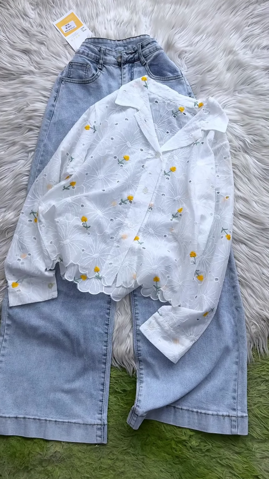 Eyelet Floral Embroidered Button-Down Shirt and Denim Set