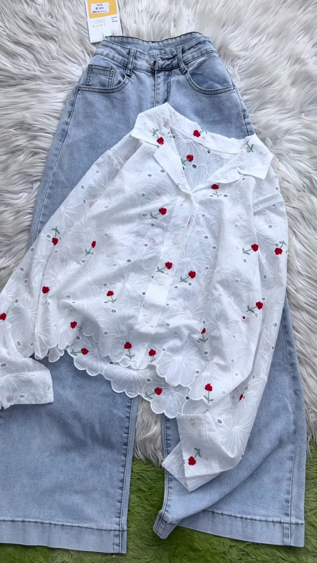 Eyelet Floral Embroidered Button-Down Shirt and Denim Set