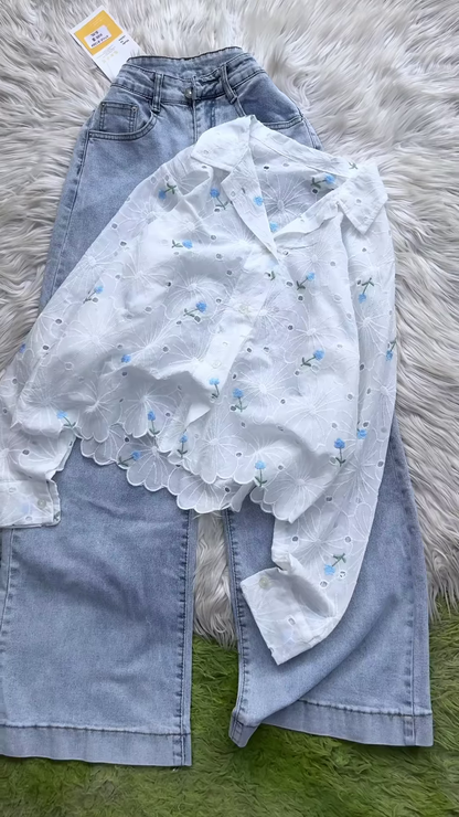Eyelet Floral Embroidered Button-Down Shirt and Denim Set
