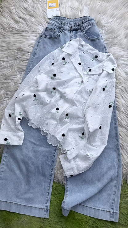 Eyelet Floral Embroidered Button-Down Shirt and Denim Set