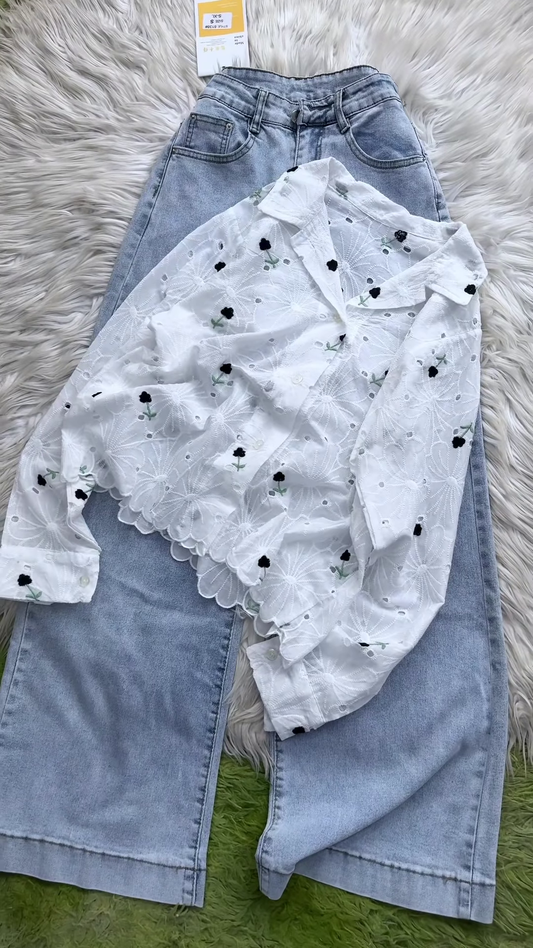 Eyelet Floral Embroidered Button-Down Shirt and Denim Set