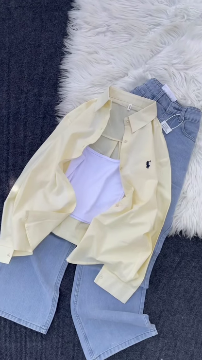 Classic Brown Button-Down Shirt and Light-Wash Denim Co-ord Set