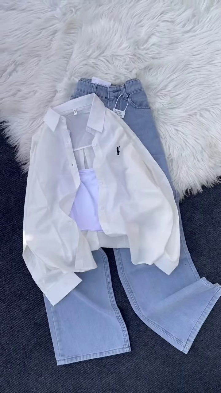 Classic Brown Button-Down Shirt and Light-Wash Denim Co-ord Set