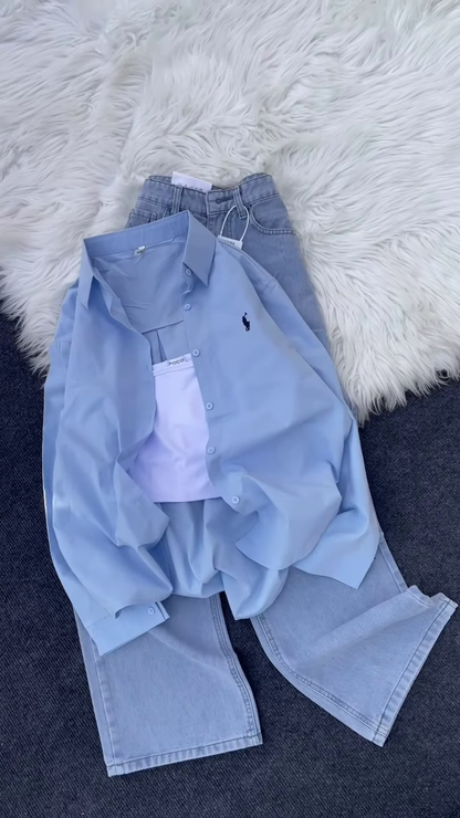 Classic Brown Button-Down Shirt and Light-Wash Denim Co-ord Set