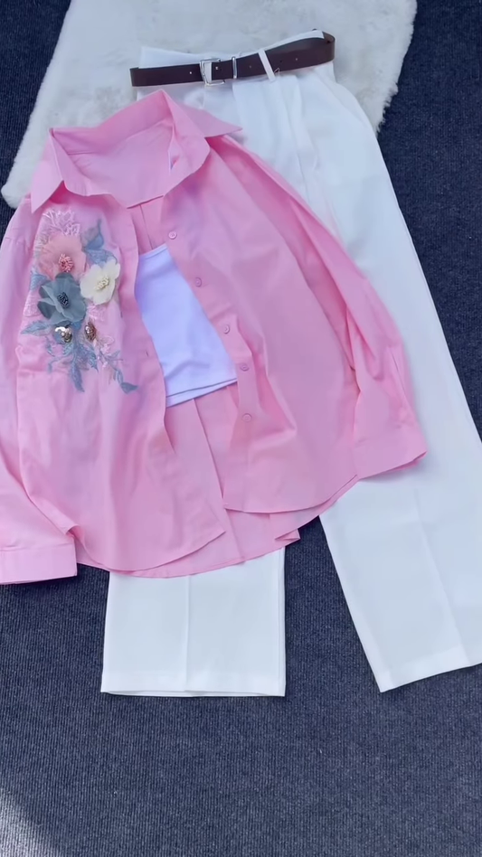 Floral Appliqué Pink Shirt and White Trouser Co-ord Set