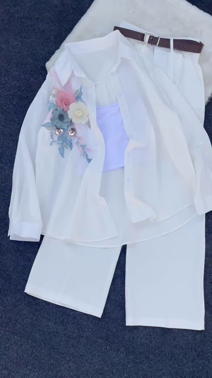 Floral Appliqué Pink Shirt and White Trouser Co-ord Set