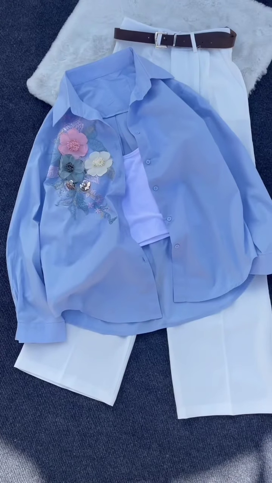 Floral Appliqué Pink Shirt and White Trouser Co-ord Set