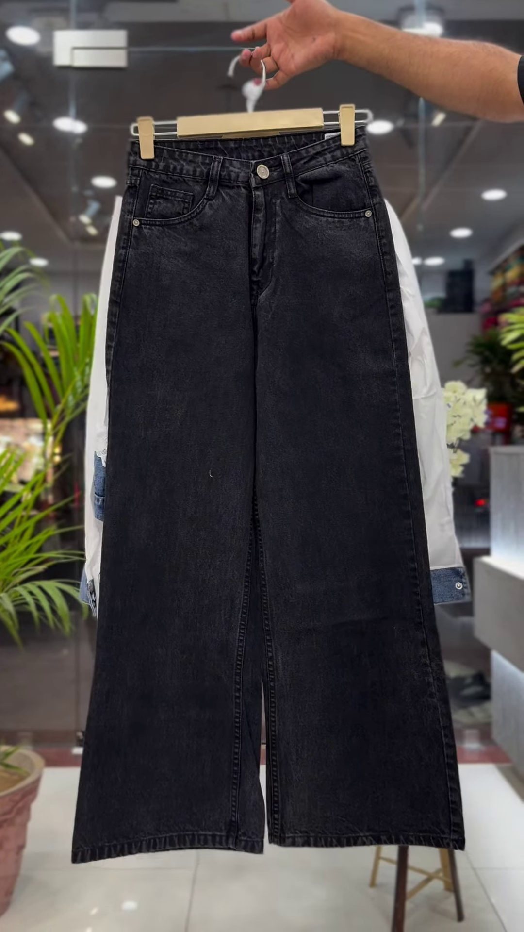 Mixed-Media Floral Denim-Paneled Shirt and Trouser Set