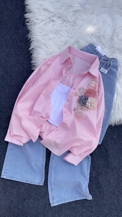 Floral Appliqué Button-Down Shirt and Denim Co-ord Set