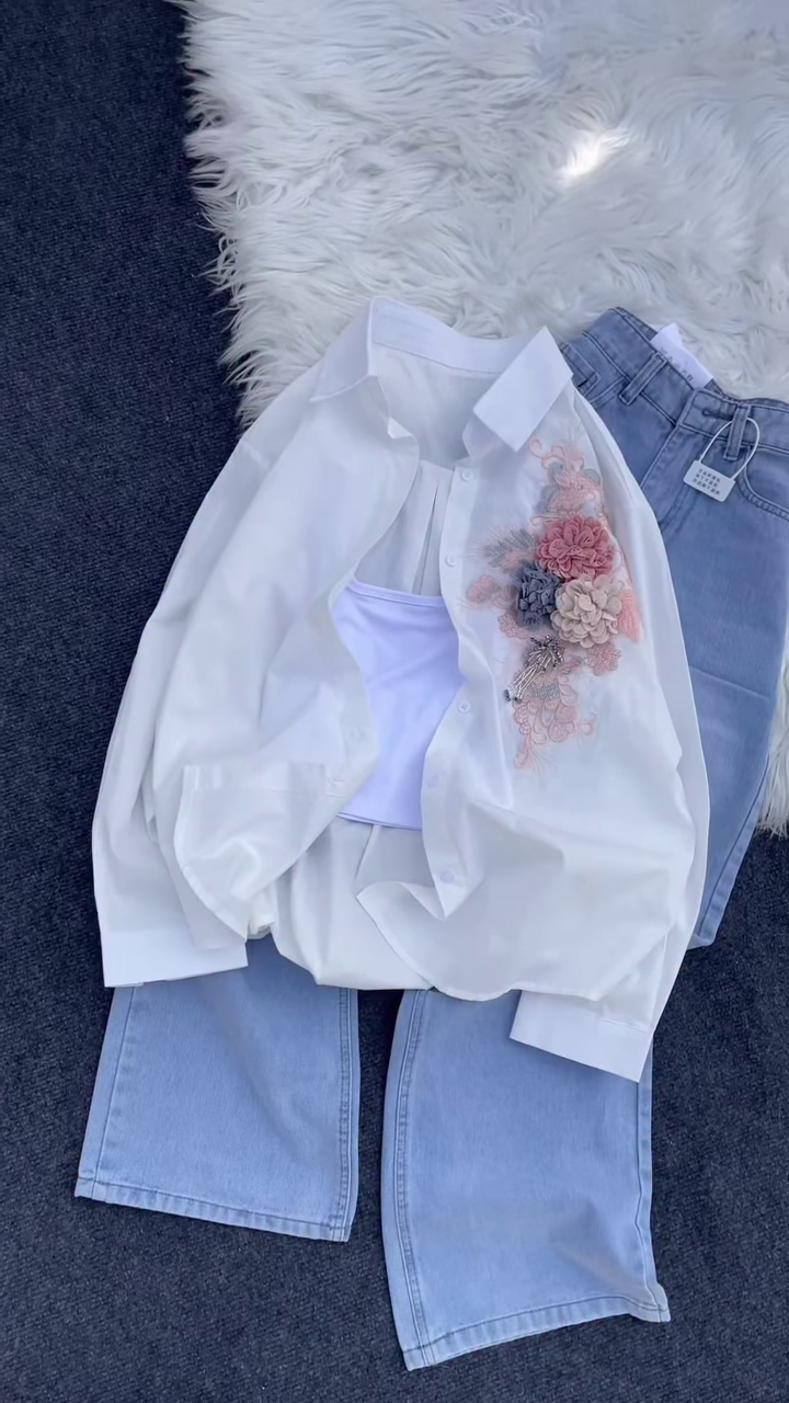 Floral Appliqué Button-Down Shirt and Denim Co-ord Set