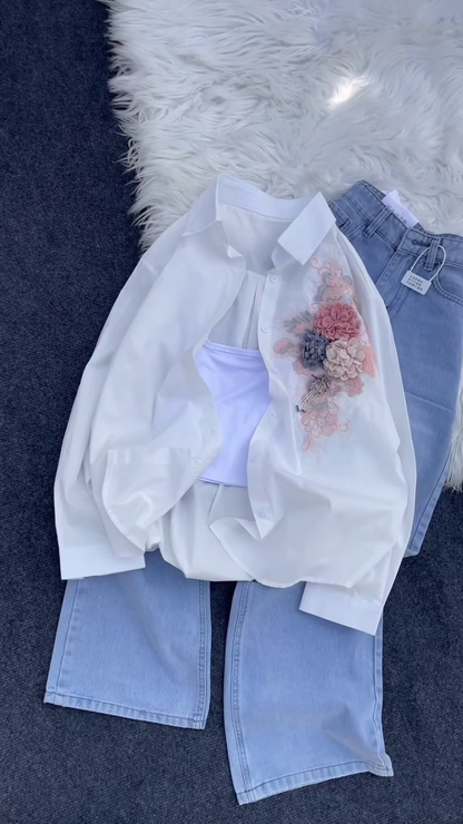 Floral Appliqué Button-Down Shirt and Denim Co-ord Set