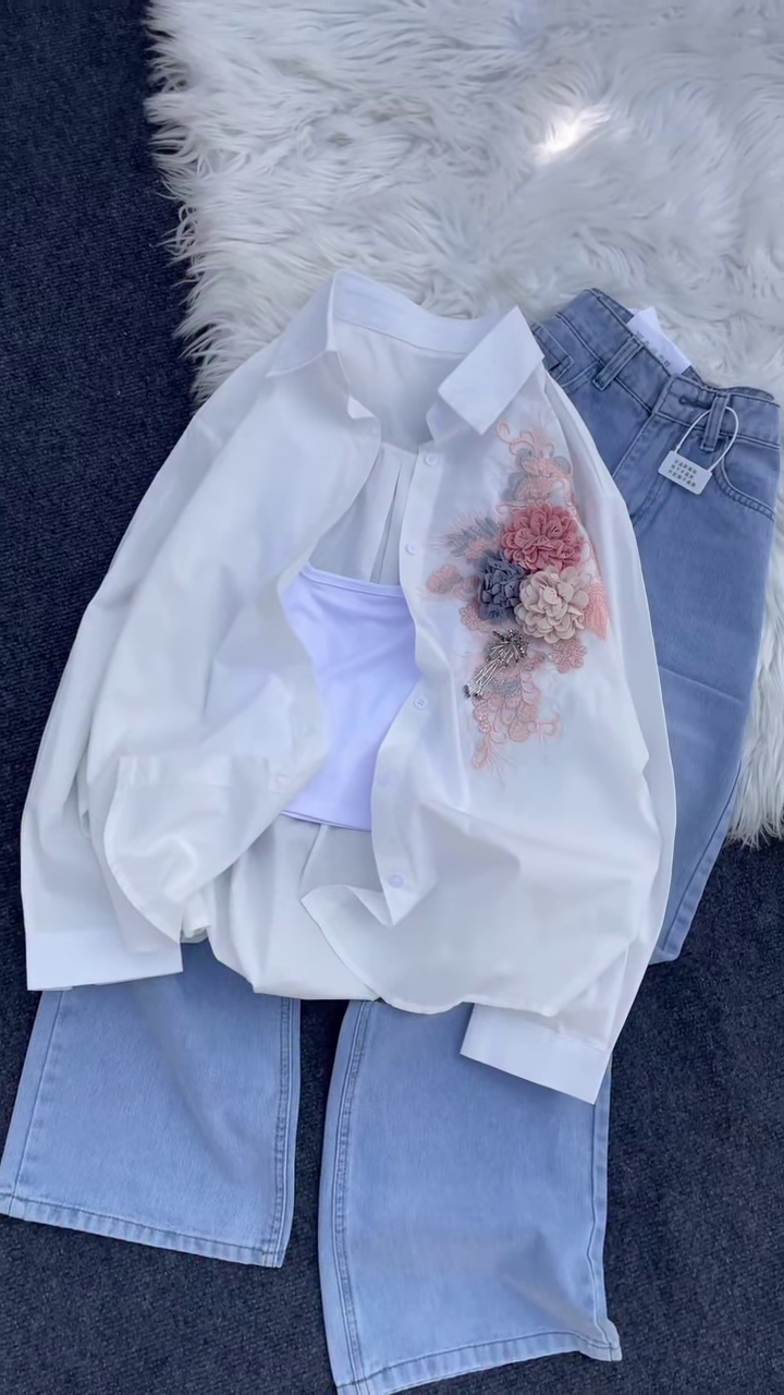 Floral Appliqué Button-Down Shirt and Denim Co-ord Set