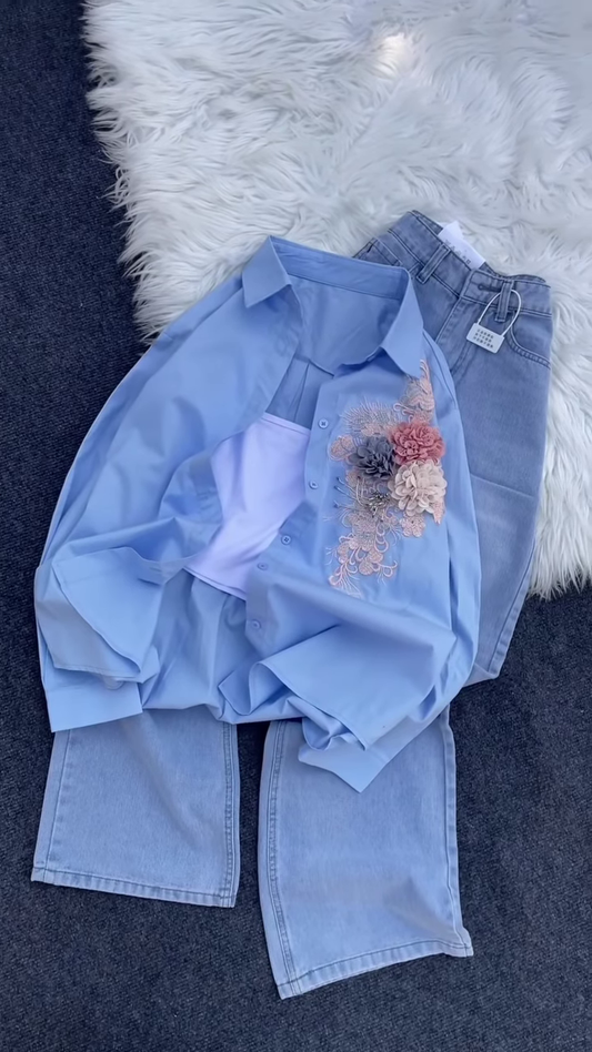 Floral Appliqué Button-Down Shirt and Denim Co-ord Set