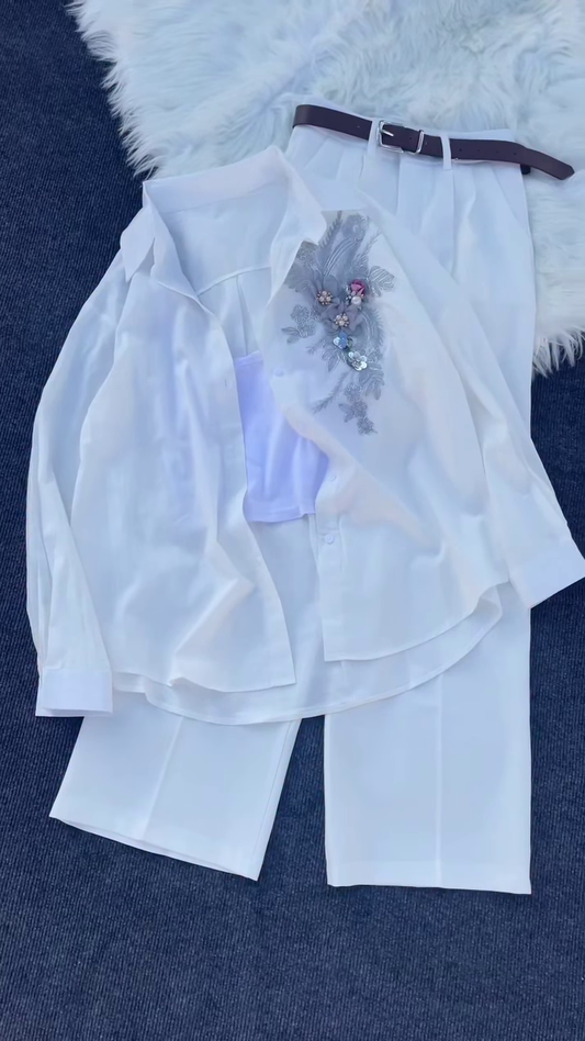 Floral Appliqué Pink Shirt and White Trouser Co-ord Set