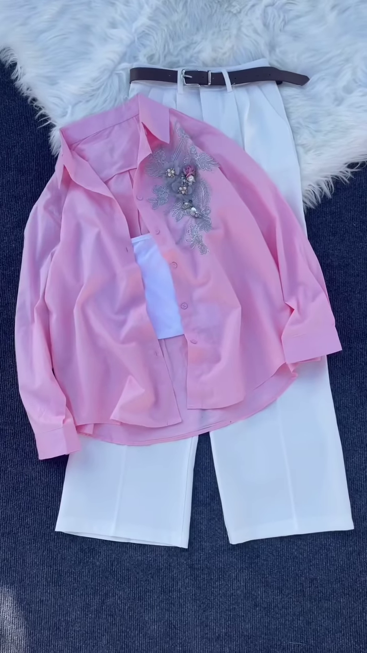 Floral Appliqué Pink Shirt and White Trouser Co-ord Set