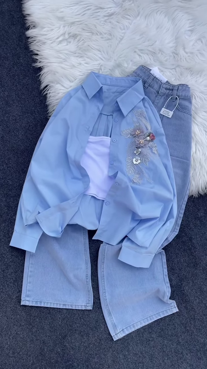 Floral Appliqué Pink Shirt and White Trouser Co-ord Set
