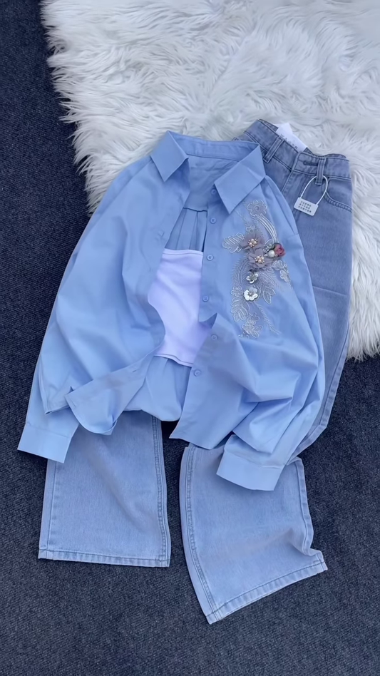 Floral Appliqué Pink Shirt and White Trouser Co-ord Set