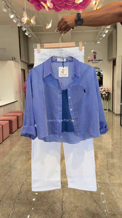 Luxury Striped Shirt and White Trouser Co-ord Set