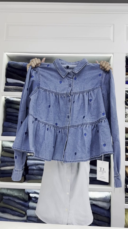 Peplum-Style Heart-Embroidered Denim Shirt