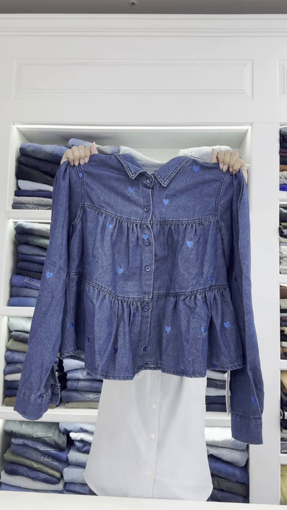 Peplum-Style Heart-Embroidered Denim Shirt