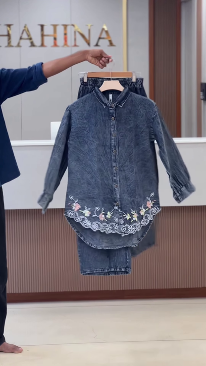 Acid-Wash Denim Shirt and Trouser Co-ord Set with Floral Embroidery